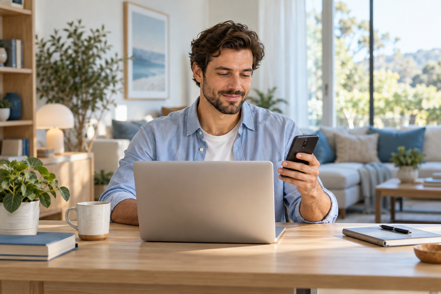 Man using a smartphone and laptop in a bright home office