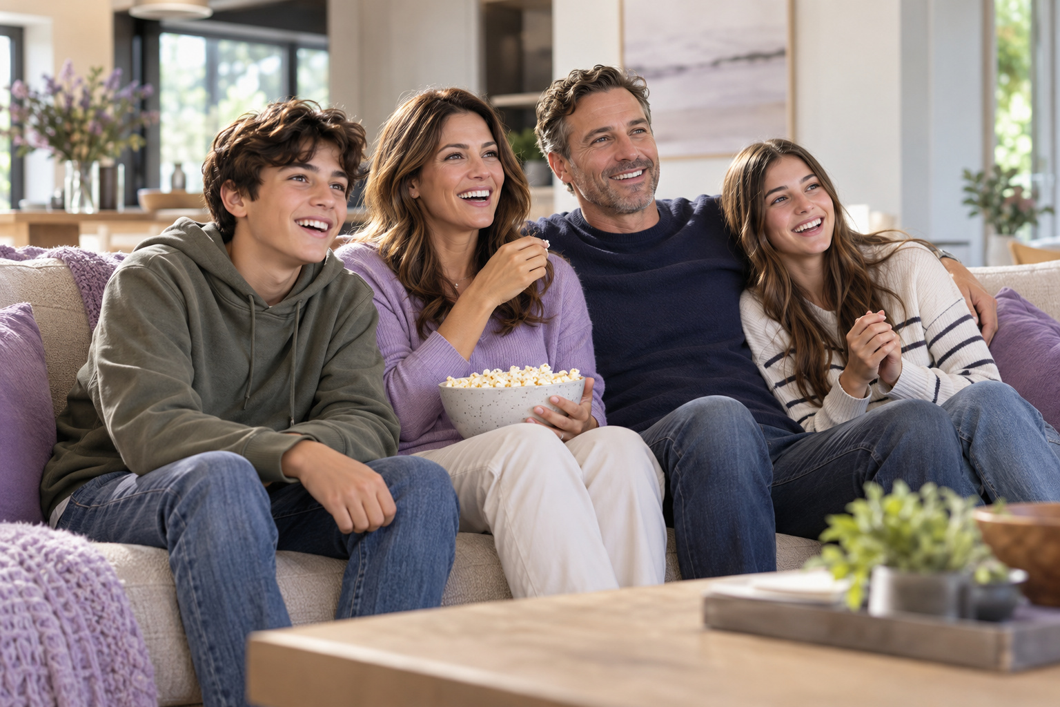 Family enjoying streaming entertainment together in a bright living room